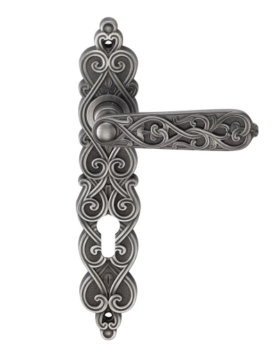Ручка дверная ARCHIE GENESIS ARABESCO на длинной накладке под цилиндр (CL) черненое серебро