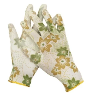 Перчатки садовые GRINDA, прозрачное PU покрытие, 13 класс вязки, бело-зеленые, размер M