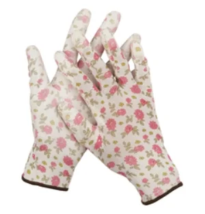 Перчатки садовые GRINDA, прозрачное PU покрытие, 13 класс вязки, бело-розовые, размер L