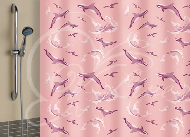 Штора полиэтелен 180х180 см, Дельфины розовые