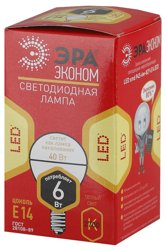 Лампа светодиодная 6W E14 220V 2700K (желтый) Шар матовый(Р45) ЭРА Р45-6w-827-E14 ECO / RED LINE