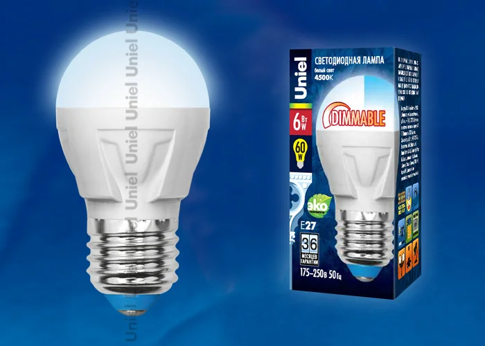 Лампа светодиодная 6W E27 220V 4500 (белый) Шар матовый (G45) Uniel диммируемая NW/FR PLP01WH*