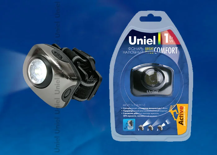 Фонарь налобный Uniel Стандарт «Bright eyes-comfort», алюминиевый корпус, 1 LED, 3хААА, S-HL011-C Gun Metal