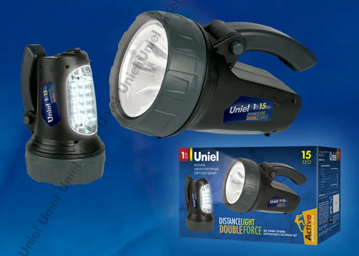 Фонарь-прожектор Uniel Стандарт «Distance light-Double force», пластик, 3 W LED + 15 LED, 3, 7 V 1000 mAh Lithium, черный, S-SL017-BA Black