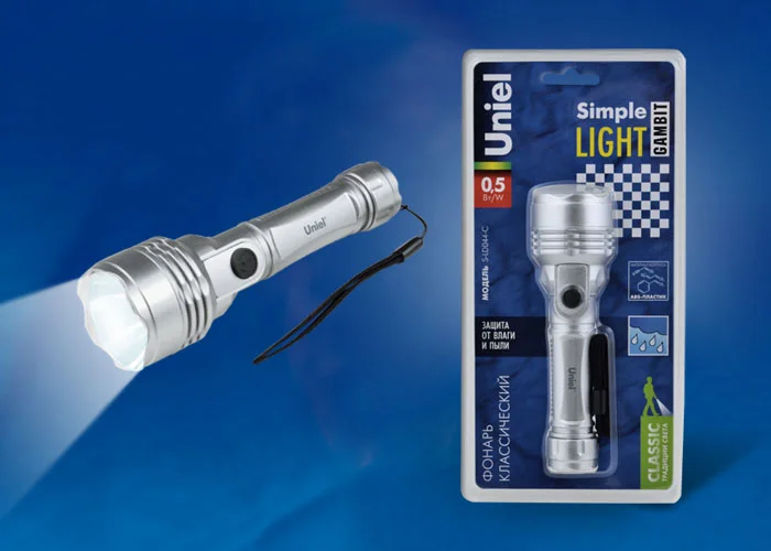 Фонарь Uniel Стандарт «Simple Light-Gambit», пластик, 0, 5 Watt LED, 2хАА, серебро, S-LD044-C Silver