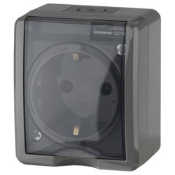 Розетка 1-местная ОП Эра Эксперт 2P+E IP54 с заземлением и крышкой, серая (16АХ-250В), арт.11-2401-03
