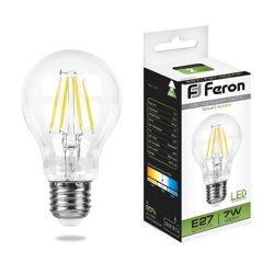 Лампа светодиодная 7W E27 230V 4000K (белый) Шар прозрачный (А60) Feron, LB-57