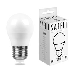 Лампа светодиодная 9W E27 230V 2700K (желтый) Шарик матовый(G45) SAFFIT, SBG4509