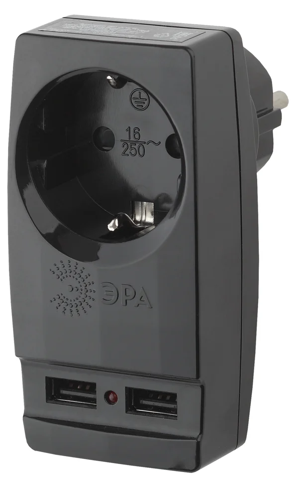 Адаптер ЭРА Polynom 1 гнездо 220V + 2xUSB, c заземлением, черный (SP-1e-USB-B)