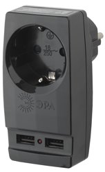 Адаптер с заземлением 1 гнездо 16А черный Китай ЭРА + 2xUSB (SP-1e-USB-B)