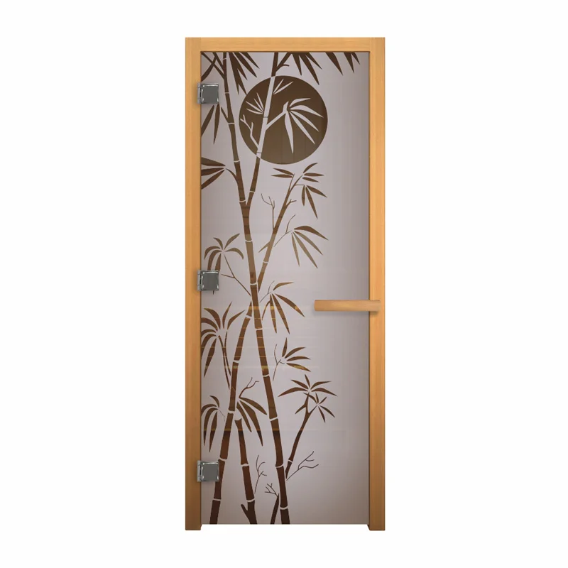 Дверь для саун Стекло сатин матовый рис. Бамбук 1900х700 ЛЕВАЯ (коробка осина 2,5шт, петли, ручка)