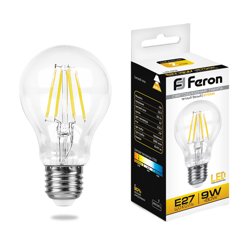 Лампа светодиодная 9W E27 230V 2700K (желтый) Шар прозрачный (А60) Feron, LB-63