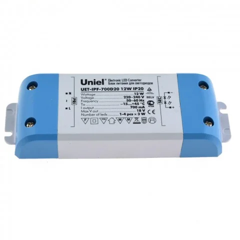 Драйвер для светодиодов 12Вт, 12В, IP20, Uniel UET-IPF-700D20