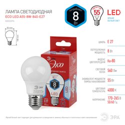 Лампа светодиодная 8W E27 220V 4000K (белый) Шар матовый(А55) ЭРА RED LINE LED A55-8W-840-E27 R