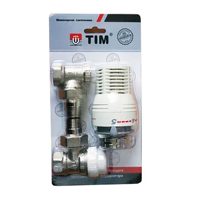 Термокомплект TIM (термоклапан угловой с колпачком вн/нар, клапан запорный прямой вн/нар, термостатическая головка) 3/4&quot;