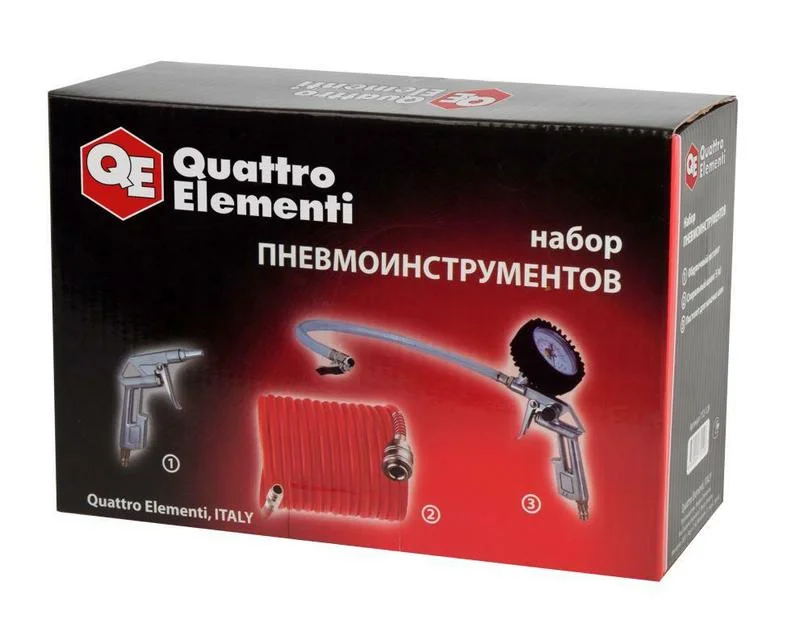 Набор пневмоинструментов QUATTRO ELEMENTI 3 шт, шланг 5м, пистолеты для накачки шин и обдувочный