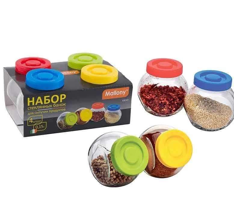 Набор банок для сыпучих продуктов с пластиковыми крышками MALLONY Vaso (4шт, стекло)