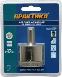 Коронка алмазная по стеклу и керамике D=40 мм, ПРАКТИКА "Мастер", блистер