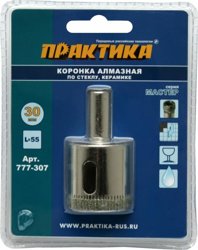 Коронка алмазная по стеклу и керамике D=30 мм, ПРАКТИКА "Мастер", блистер