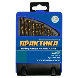 Набор сверл по металлу, 13 шт, 1,5 - 6,5 мм, в металлической кассете, "Мастер" ПРАКТИКА