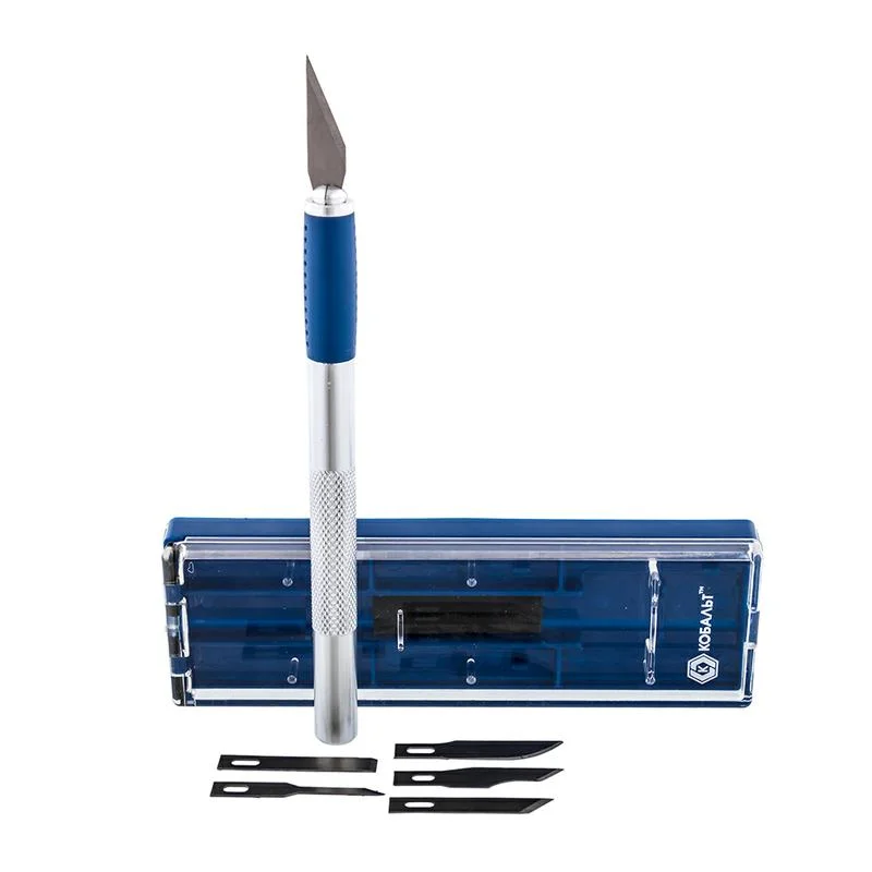Нож для художественных работ КОБАЛЬТ, перовые лезвия 6 шт, металлический корпус, кейс, блистер