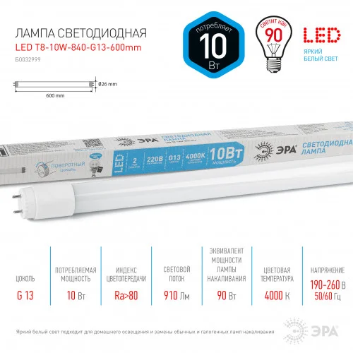 Лампа светодиодная 10W G13(T8) 600мм 220V 4000K (белый) Эра T8-10W-840-G13-600mm