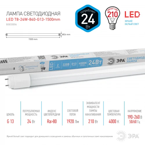 Лампа светодиодная 24W G13(T8) 1500мм 220V 4000K (белый) Эра T8-24W-840-G13-1500mm