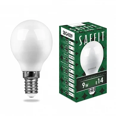 Лампа светодиодная 9W E14 230V 6400K (дневной) Шарик матовый(G45) SAFFIT, SBG4509