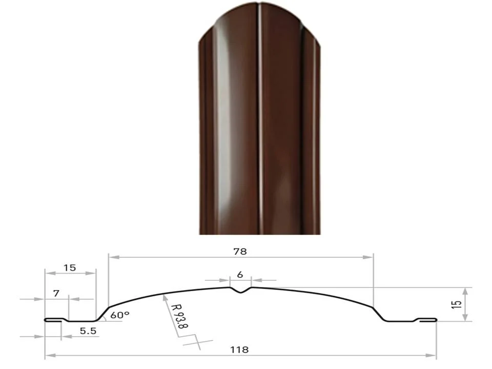 Штакетник металлический STYNERGY полукруглый фигурный 0.45 мм, PE RAL **, ширина 118мм, длина *пог.м