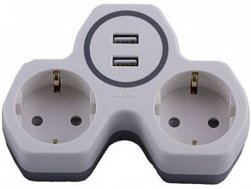 Тройник с зазeмлением 2 гнезда 16A белый/серый Китай Feron +2USB (ADP16-14-20)