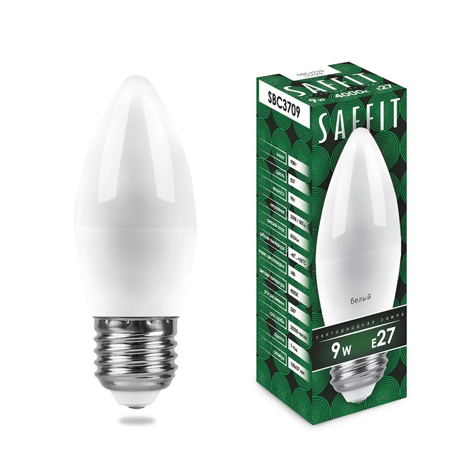 Лампа светодиодная 9W E27 230V 4000K (белый) Свеча (C37) SAFFIT, SBC3709