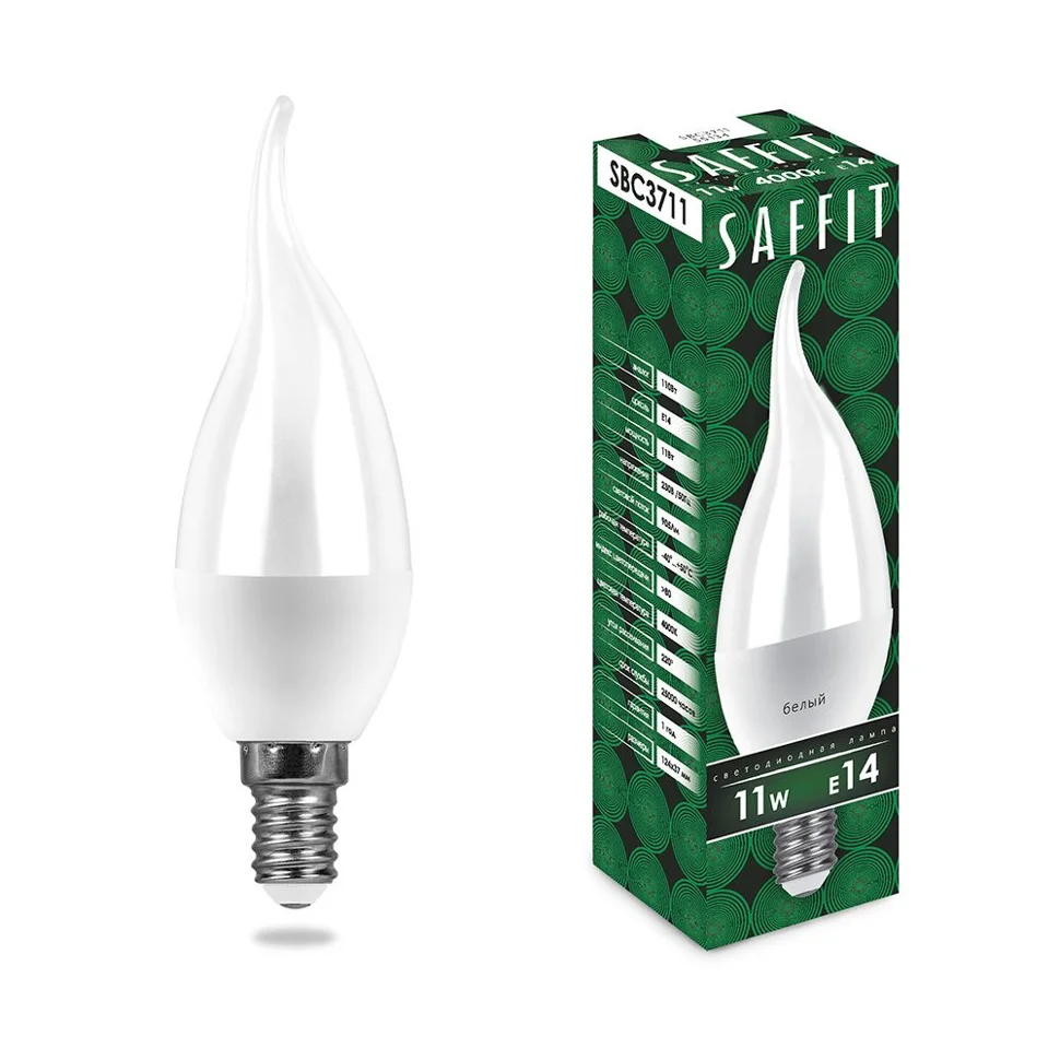Лампа светодиодная 11W E14 230V 4000K (белый) Свеча на ветру (C37T) SAFFIT, SBC3711