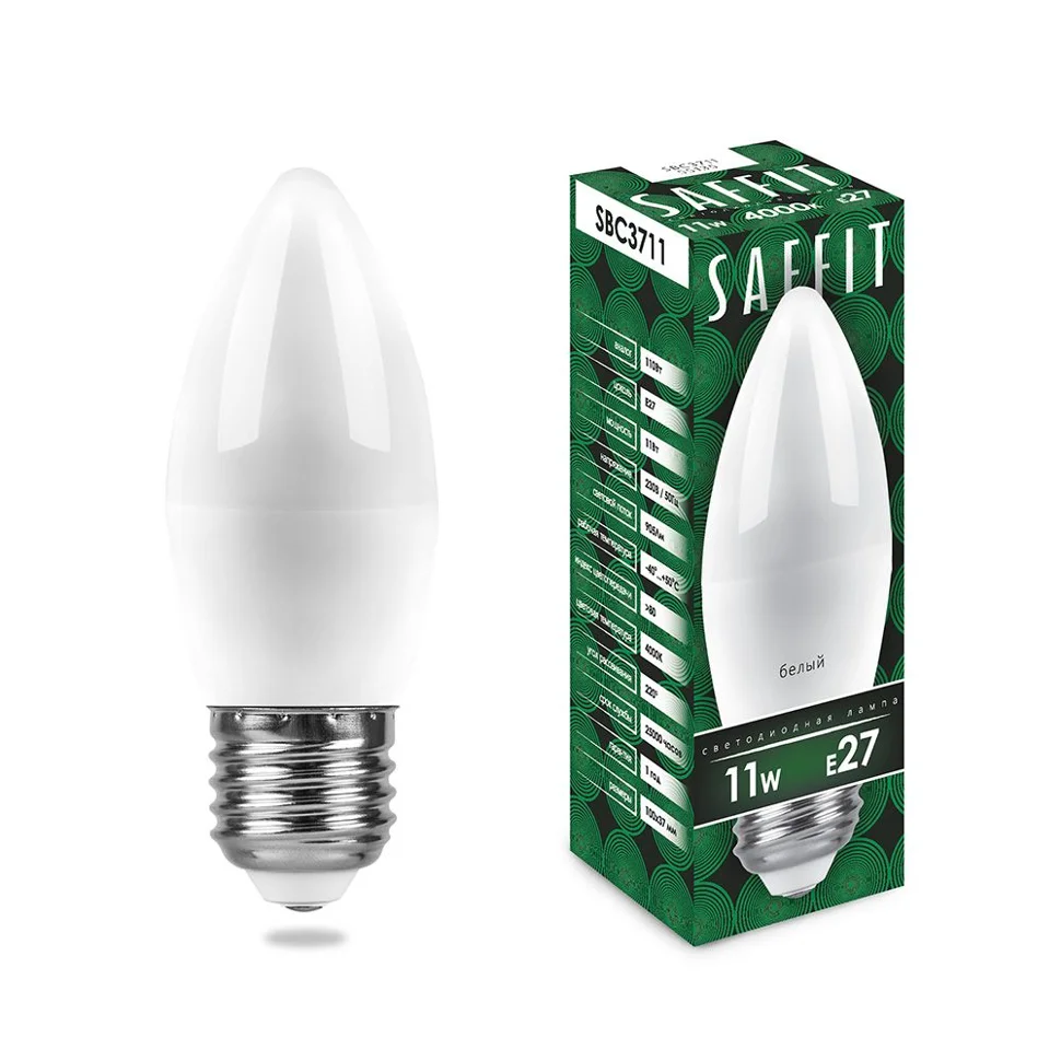 Лампа светодиодная 11W E27 230V 4000K (белый) Свеча (C37) SAFFIT, SBC3711