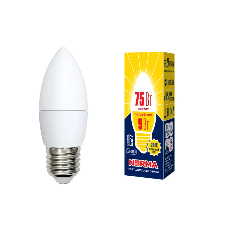 Лампа светодиодная 9W E27 220V 3000К WW (теплый белый) Свеча матовый (C37) Volpe Norma