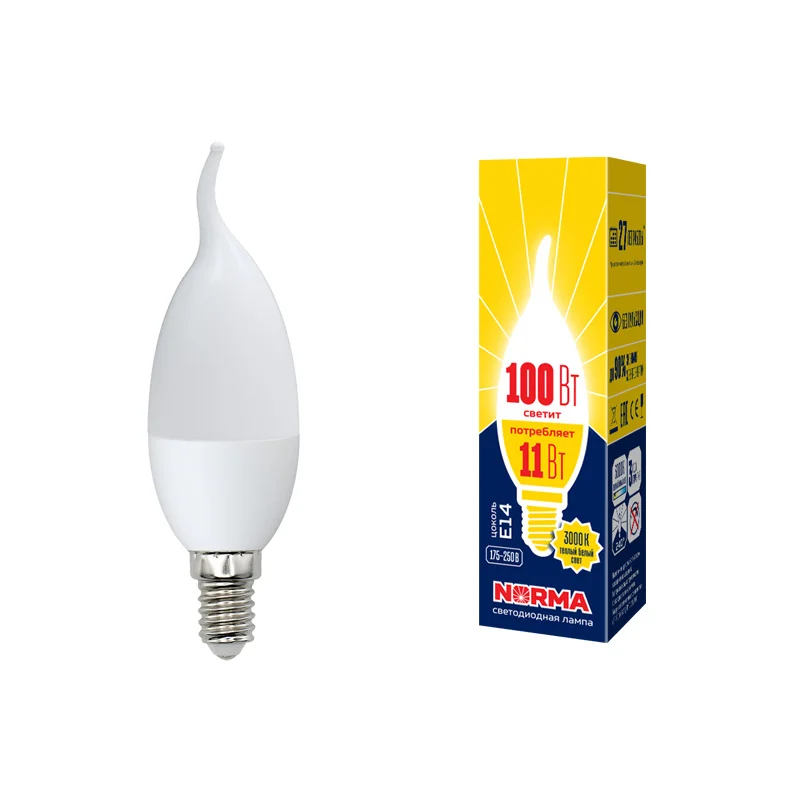 Лампа светодиодная 11W E14 220V 3000К WW (теплый белый) Свеча на ветру матовый (CW37) Volpe Norma