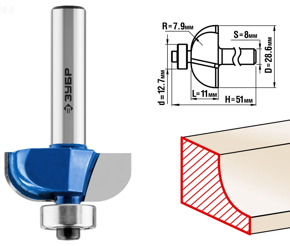 Фреза кромочная калевочная №2, D= 28,6мм, рабочая длина-11мм, радиус-7,9мм,  хв.-8мм, d-12,7мм, ЗУБР Профессионал купить в интернет-магазине Идеи для  дома