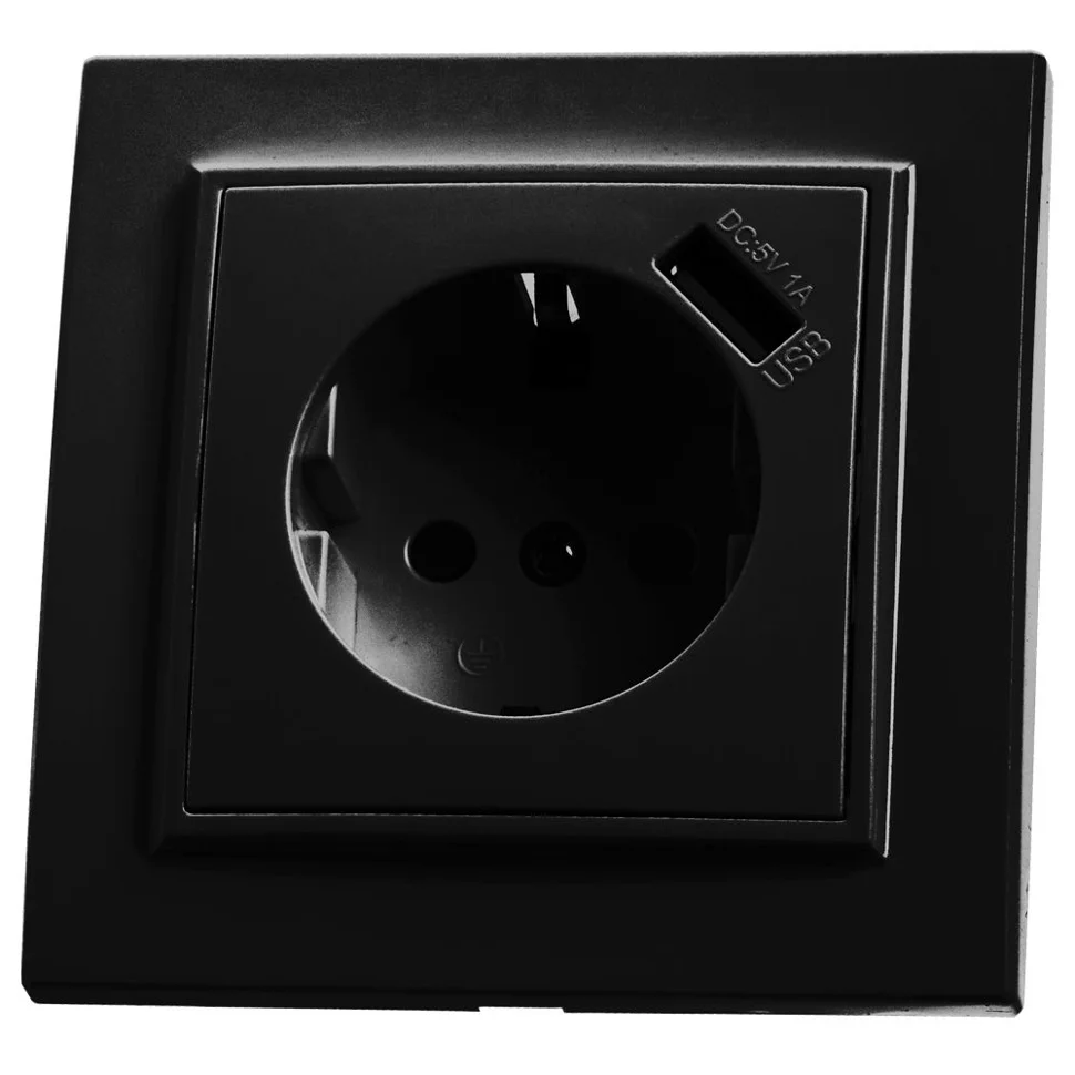 Розетка 1-местная СП Stekker Эрна с заземлением, шторкой и USB, черная (PST16-9011-03)