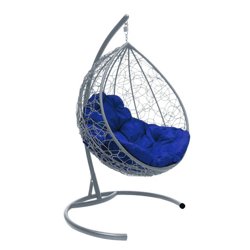 Подвесное кресло "Капля", цвет плетения &#8211; серый, подушка &#8211; синий, каркас &#8211; серый