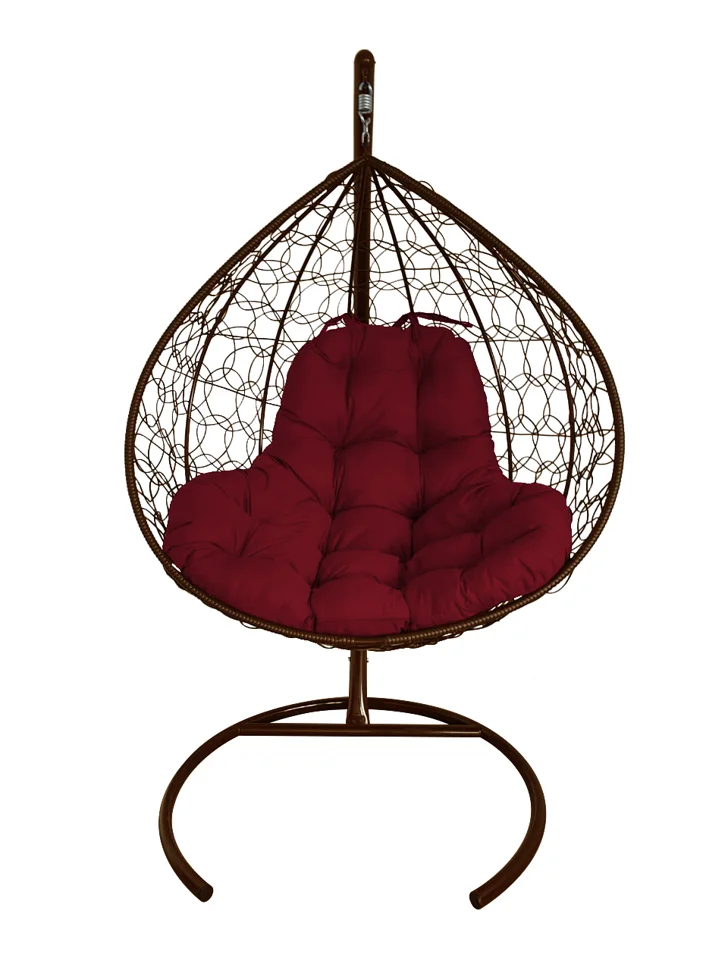 Подвесное кресло двухместное Double, цвет плетения – коричневый, подушка – бордовый, каркас – коричневый