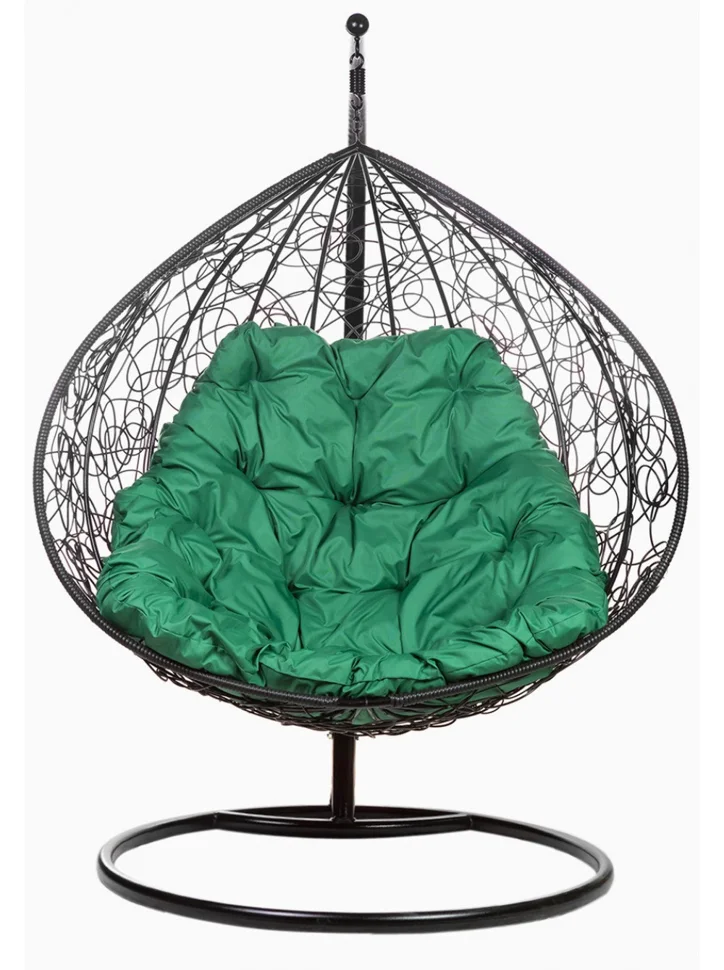 Подвесное кресло двухместное Double, цвет плетения – серый, подушка – зеленая, каркас – серый