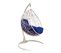 Подвесное кресло "Капля", цвет плетения &#8211; белый, подушка &#8211; синяя, каркас&#8211; белый
