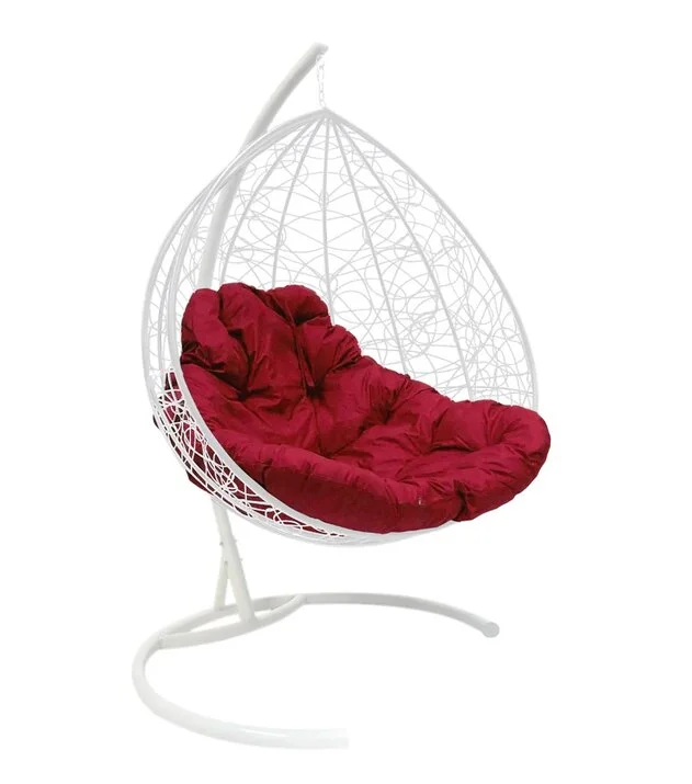 Подвесное кресло двухместное Double/XL, цвет плетения – белый, подушка – бордо, каркас – белый