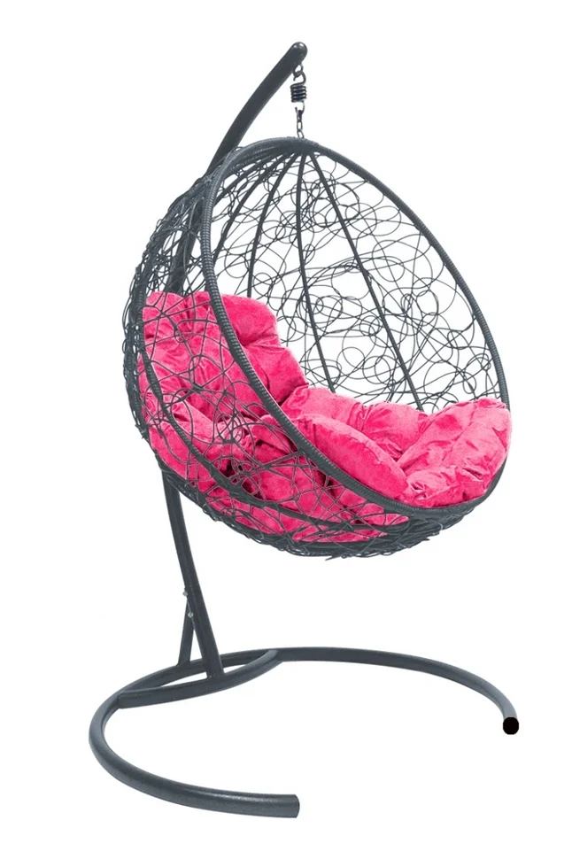 Подвесное кресло &quot;Круглое&quot;, цвет плетения – серый, подушка – розовый, каркас – серый