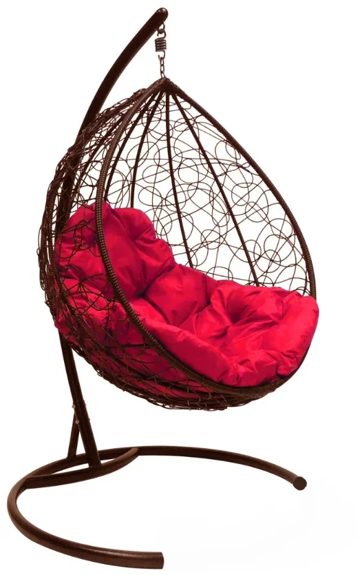 Подвесное кресло &quot;Капля&quot;, цвет плетения – коричневый, подушка – красный, каркас – коричневый
