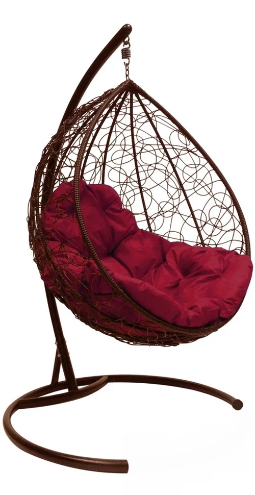 Подвесное кресло &quot;Капля&quot;, цвет плетения – коричневый, подушка – бордовый, каркас – коричневый