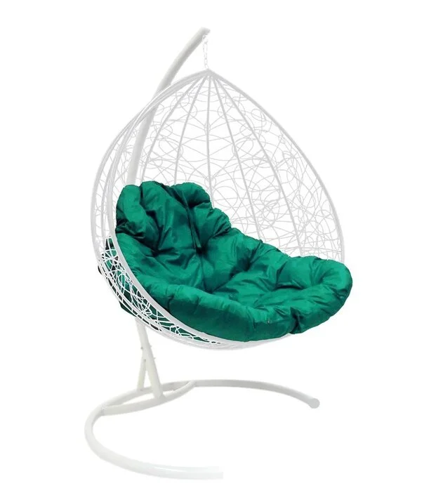 Подвесное кресло двухместное Double/XL, цвет плетения – белый, подушка – зелёный, каркас – белый
