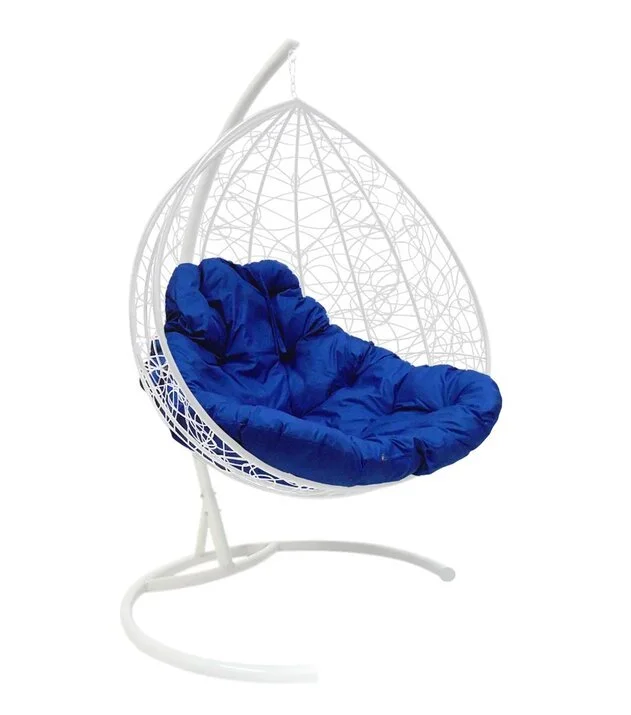 Подвесное кресло двухместное Double/XL, цвет плетения – белый, подушка – синий, каркас – белый