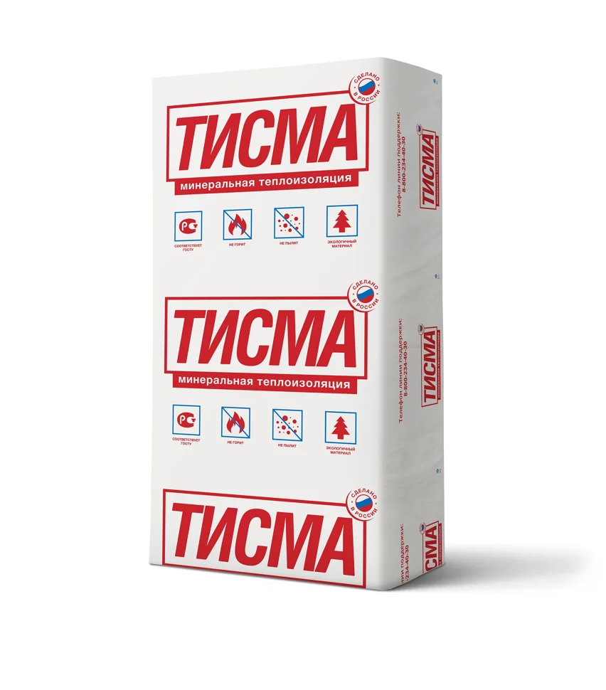 Утеплитель TISMA плита 0,038 100 (8 плит 100*600*1300мм) 6,24 м2 в упаковке 0,624 м3, 40 уп на поддоне