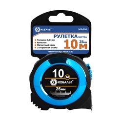 Рулетка 10м*25мм КОБАЛЬТ Экстра, металлический корпус толщина 0,13 мм, автостоп, магнит, 2 стор. шк.