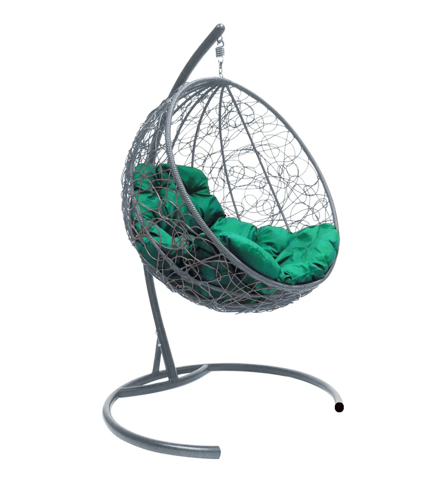 Подвесное кресло &quot;Круглое&quot;, цвет плетения – серый, подушка – зеленый, каркас – серый